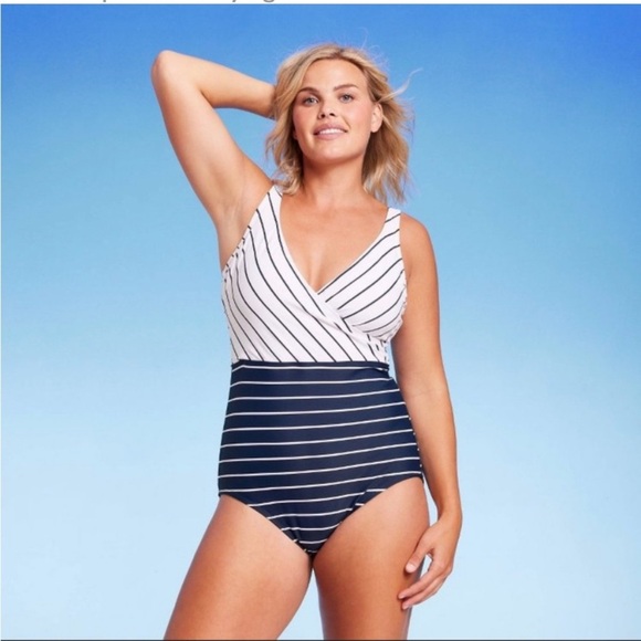 NWOT Kona Sol Swimsuit Full Coverage One Piece Striped Size L - Picture 1 of 12